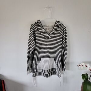 Vanity Striped Hoodie Sweater Womens Medium Gray White Knit Pullover Lightweight
